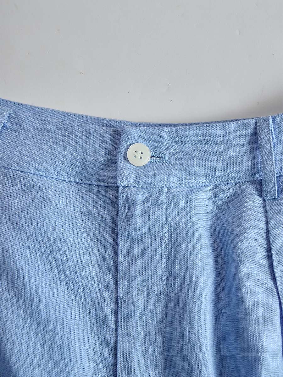Casual Blue Cotton And Linen V-neck Top And Wide Leg Shorts Set