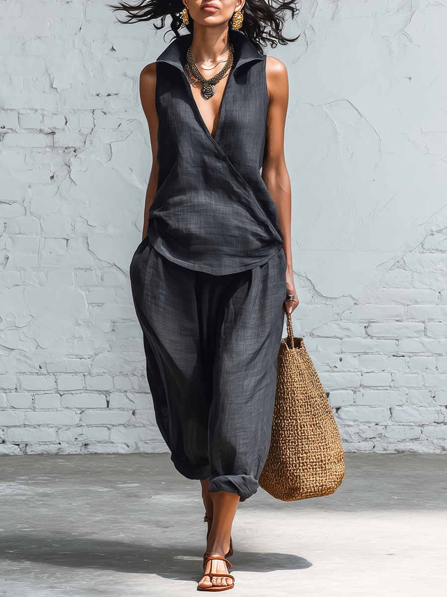 Casual Grey Linen Wrap Front Sleeveless Top And Wide Leg Pants Set