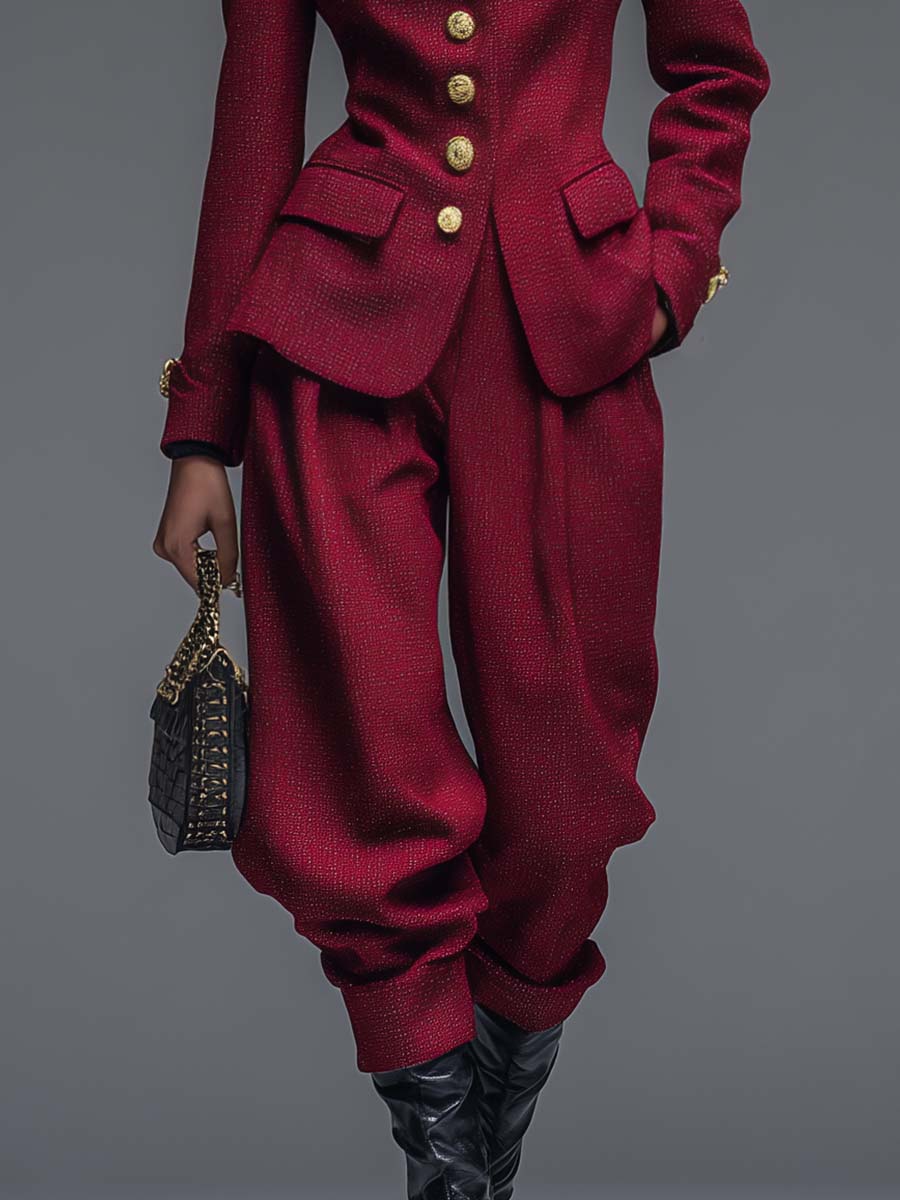Retro Fashion Crimson Stand Collar Metal Front Button Jacket And Wide Pants Set