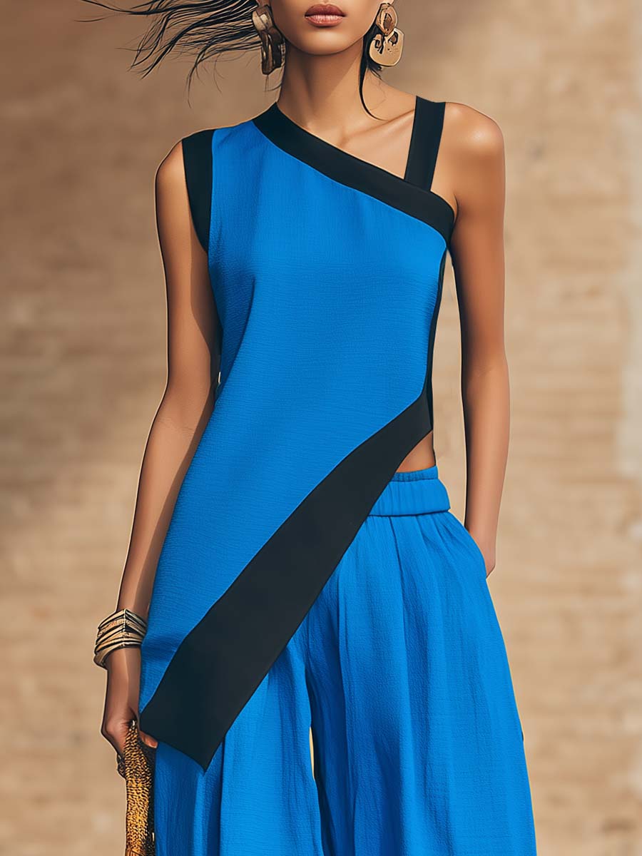 Temperament Casual Urban Black Trim Royal Blue One-shoulder Asymmetrical Top And Pants Set