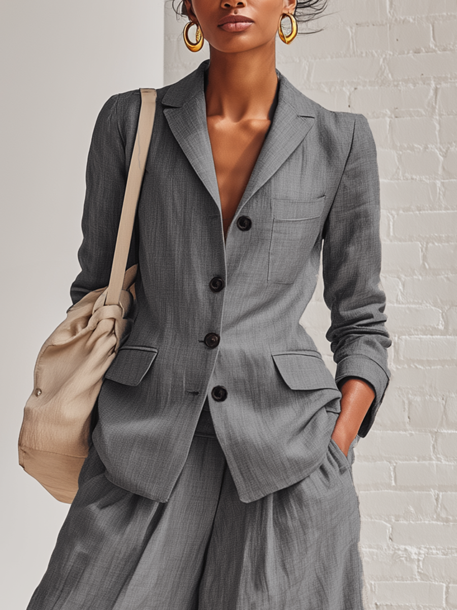 Loose Fitting Gray Cotton And Linen Suit With Lapel Jacket And Wide Leg Trousers Set