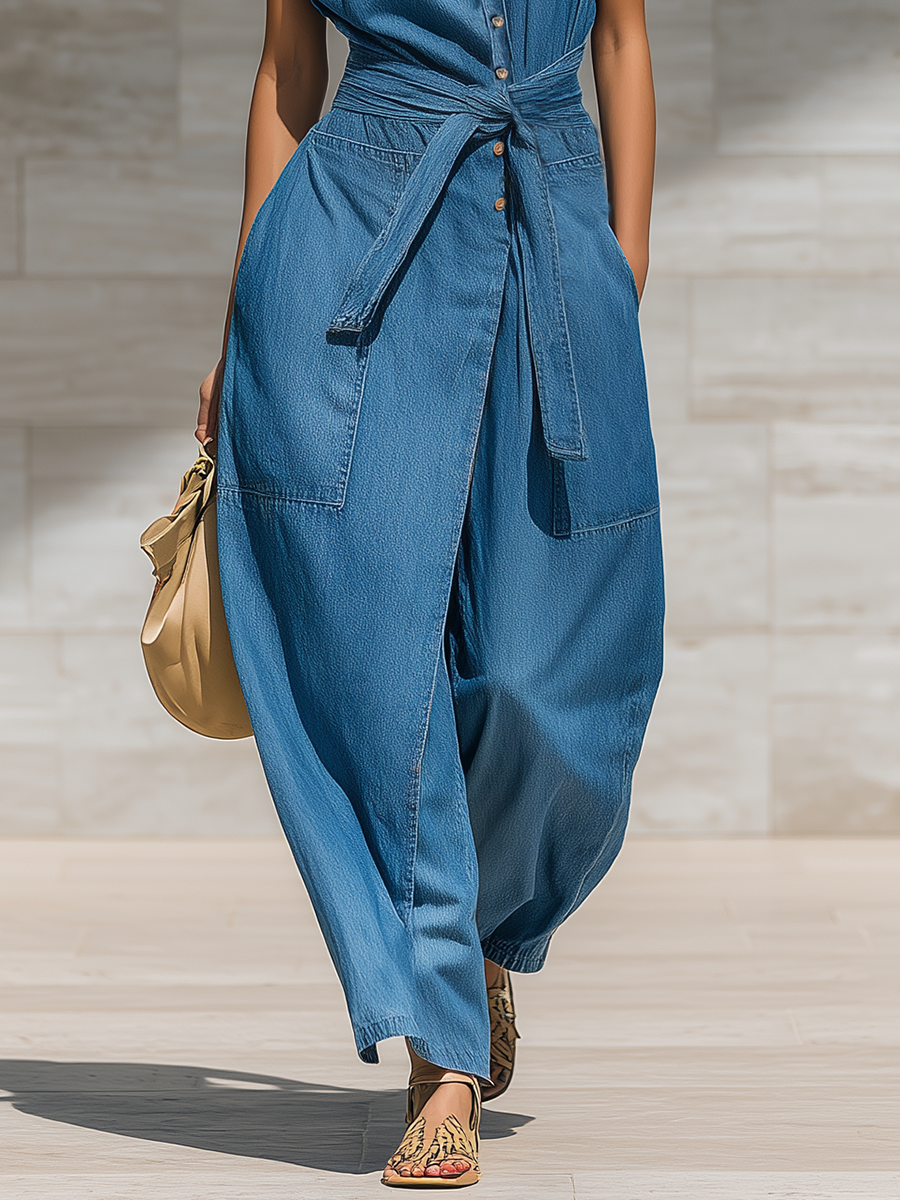 Retro-style Loose-fitting Sleeveless Irregular Front Button Closure Waist Tie Pockets Denim Blue Jumpsuit