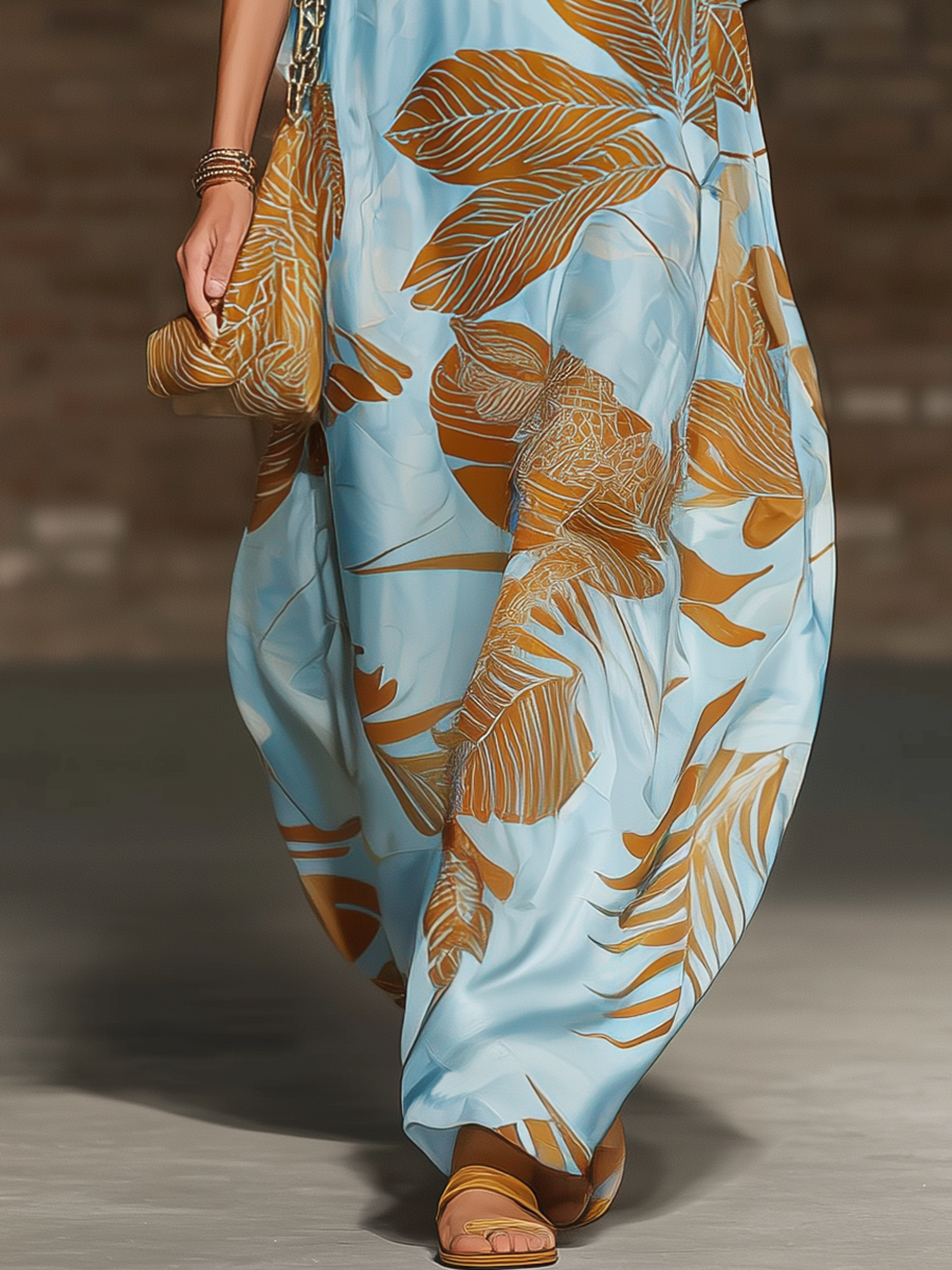 Retro-chic Loose-fitting V-neck Short-sleeved Palm Leaf Print Blue Satin Maxi Dress