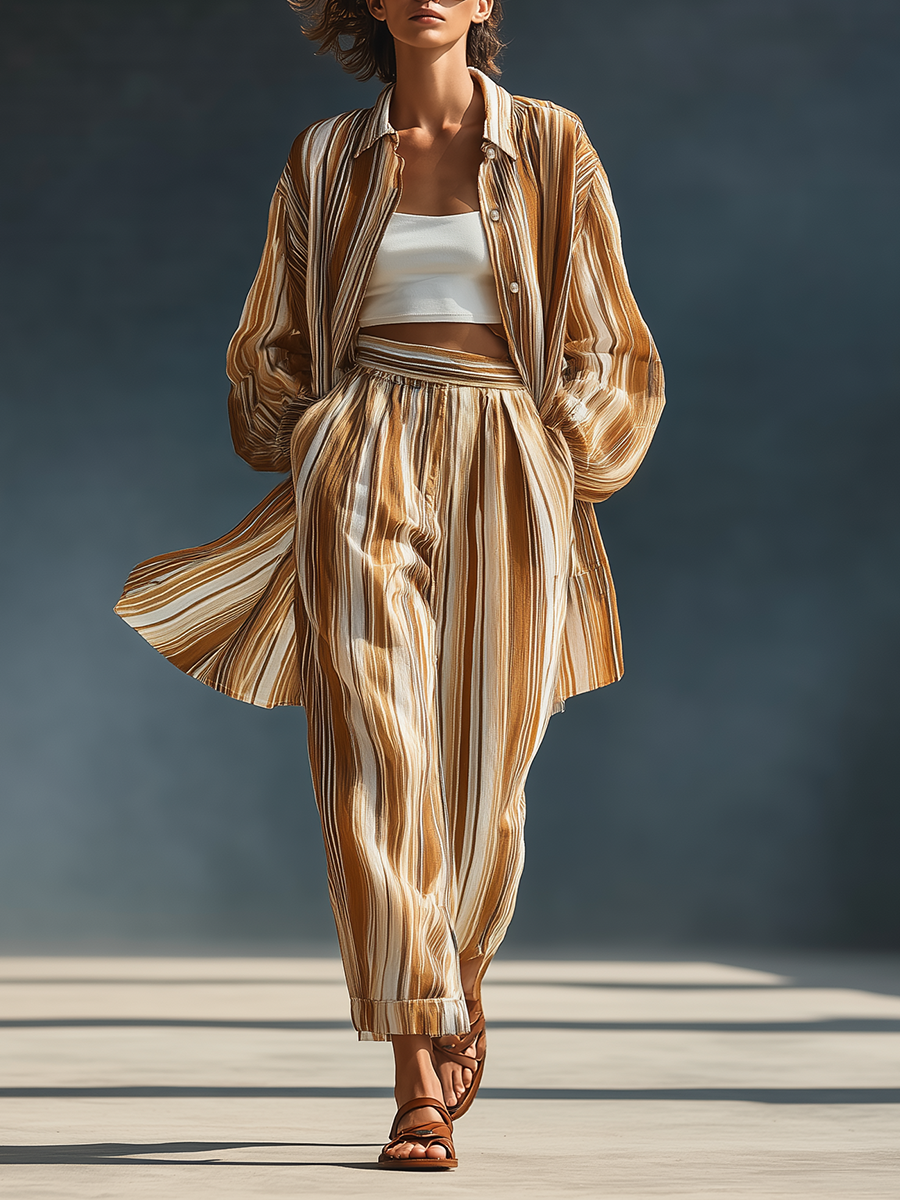 Stylish Simple Striped Loose-fitting Long-sleeved Front Buttons Collared Shirt And Wide-leg Trousers Set