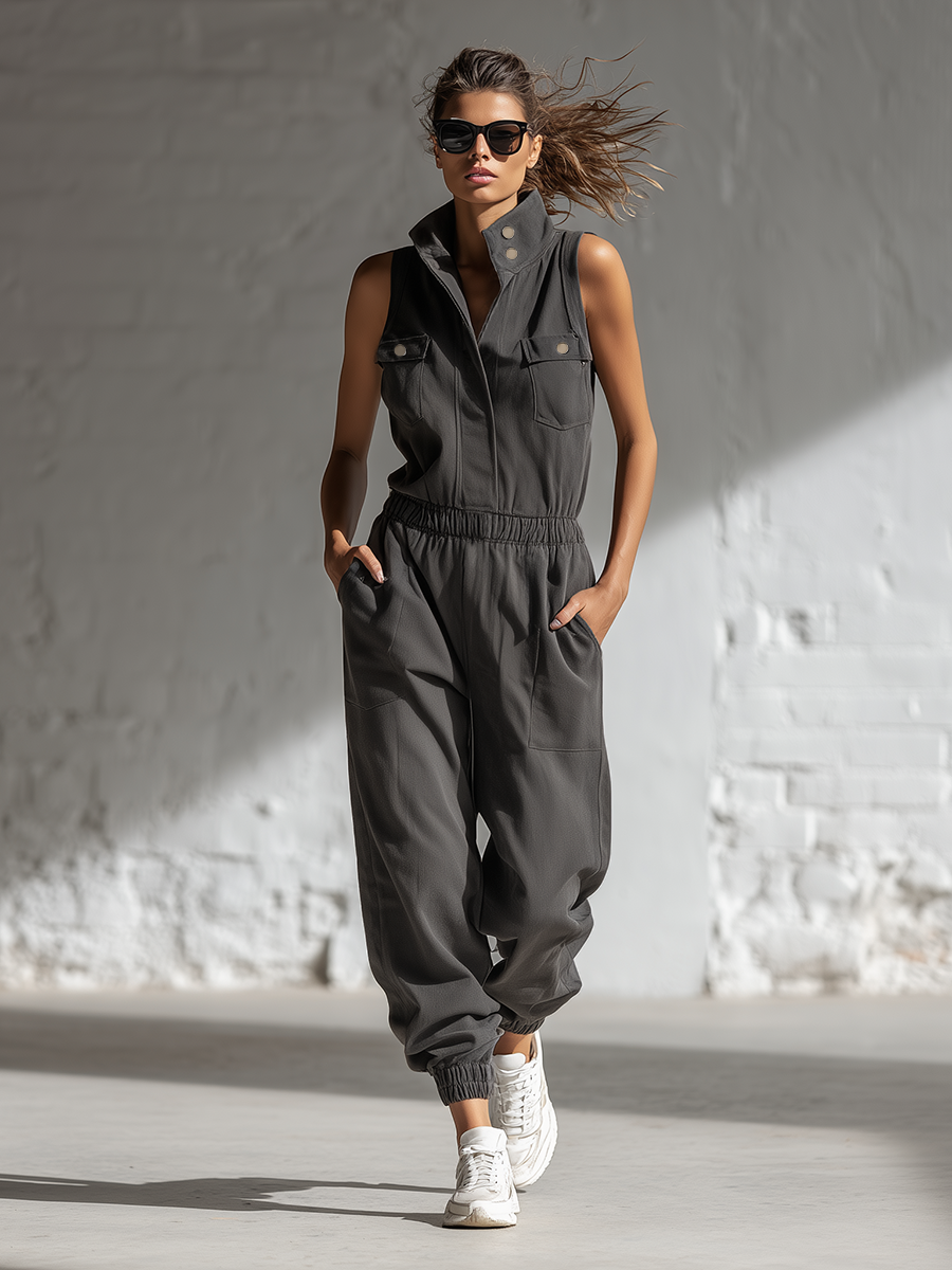 Stylish Simple Loose-fitting Sleeveless Stand-collar Front-buttoned Cotton Gray Jumpsuit