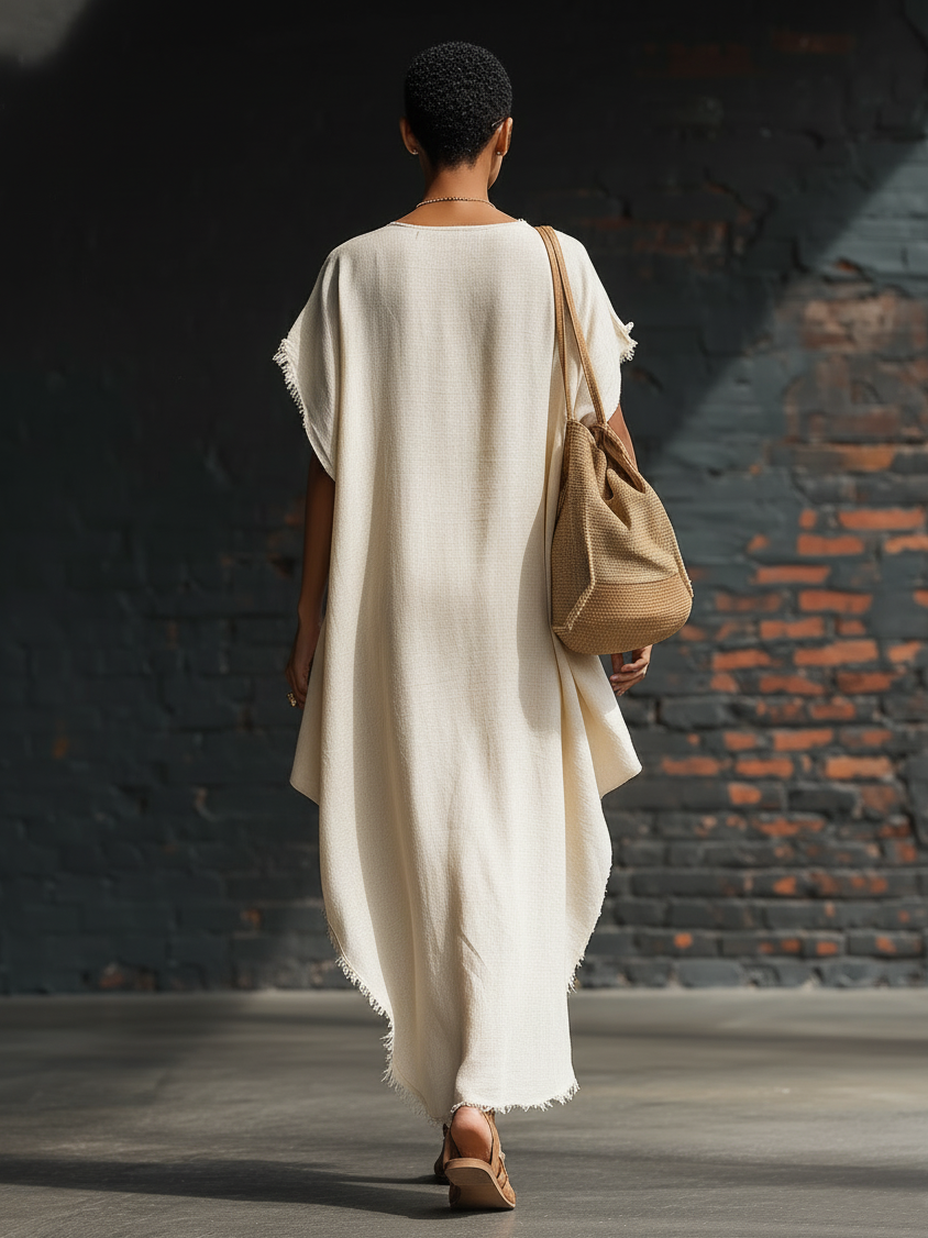 Stylish Minimalist V-Neck Short-Sleeve Asymmetrical Hem Frayed Trim Dress And Shorts White Cotton-Linen Set