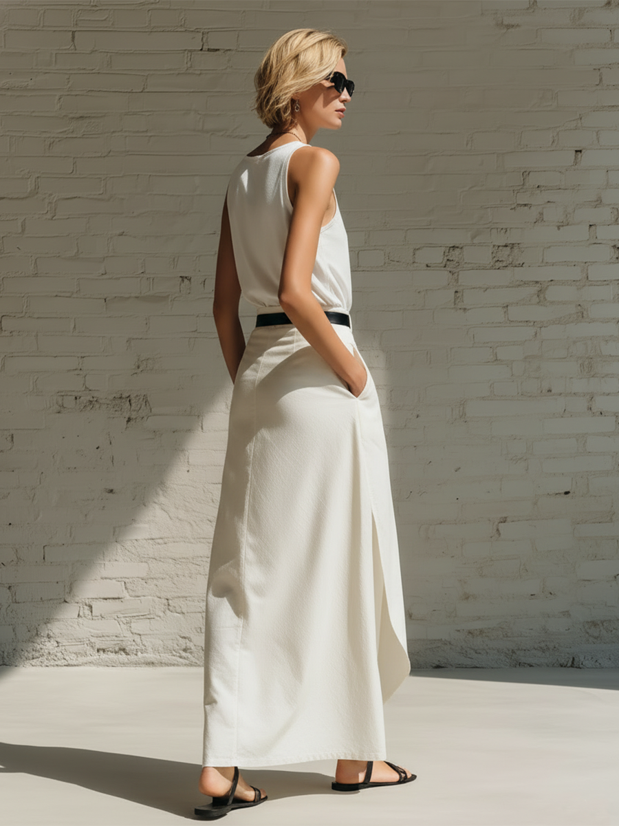 Stylish Minimalist Sleeveless One-Shoulder Top And Belted Slit Long Skirt White Cotton Set