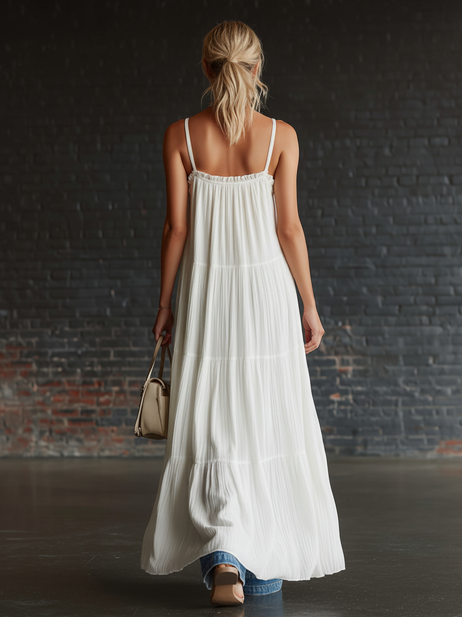 Stylish Simple Pleats Side Slits White Chiffon And Blue Jeans Set