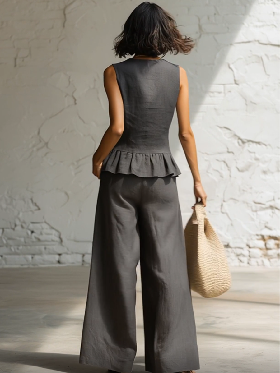 Urban Grey Cotton And Linen V-neck Ruffle Sleeveless Top And Wide Leg Pants Set