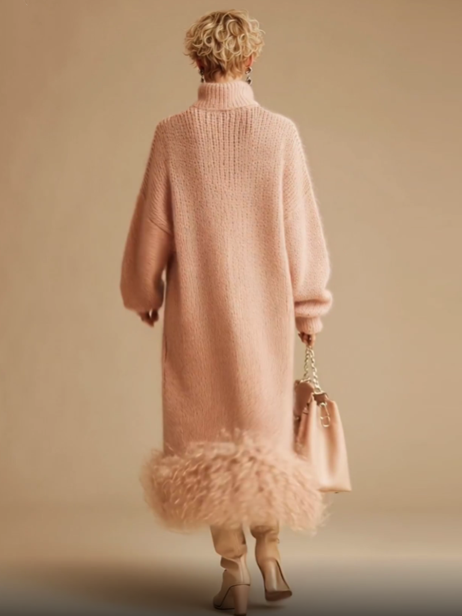 Retro Fashion Pink Turtleneck Furry Hem Knitted Midi Dress