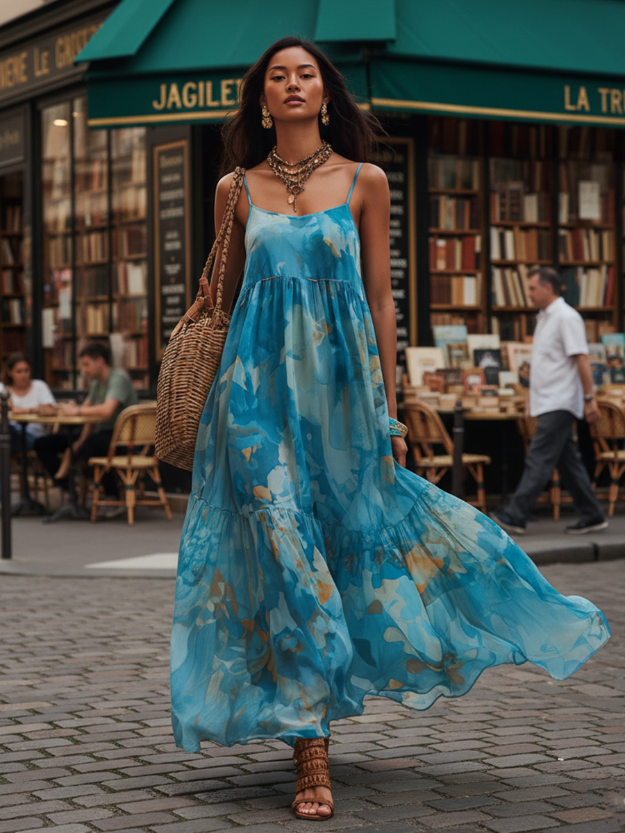 Vacation Style Blue Chiffon Strappy Printed Maxi Dress