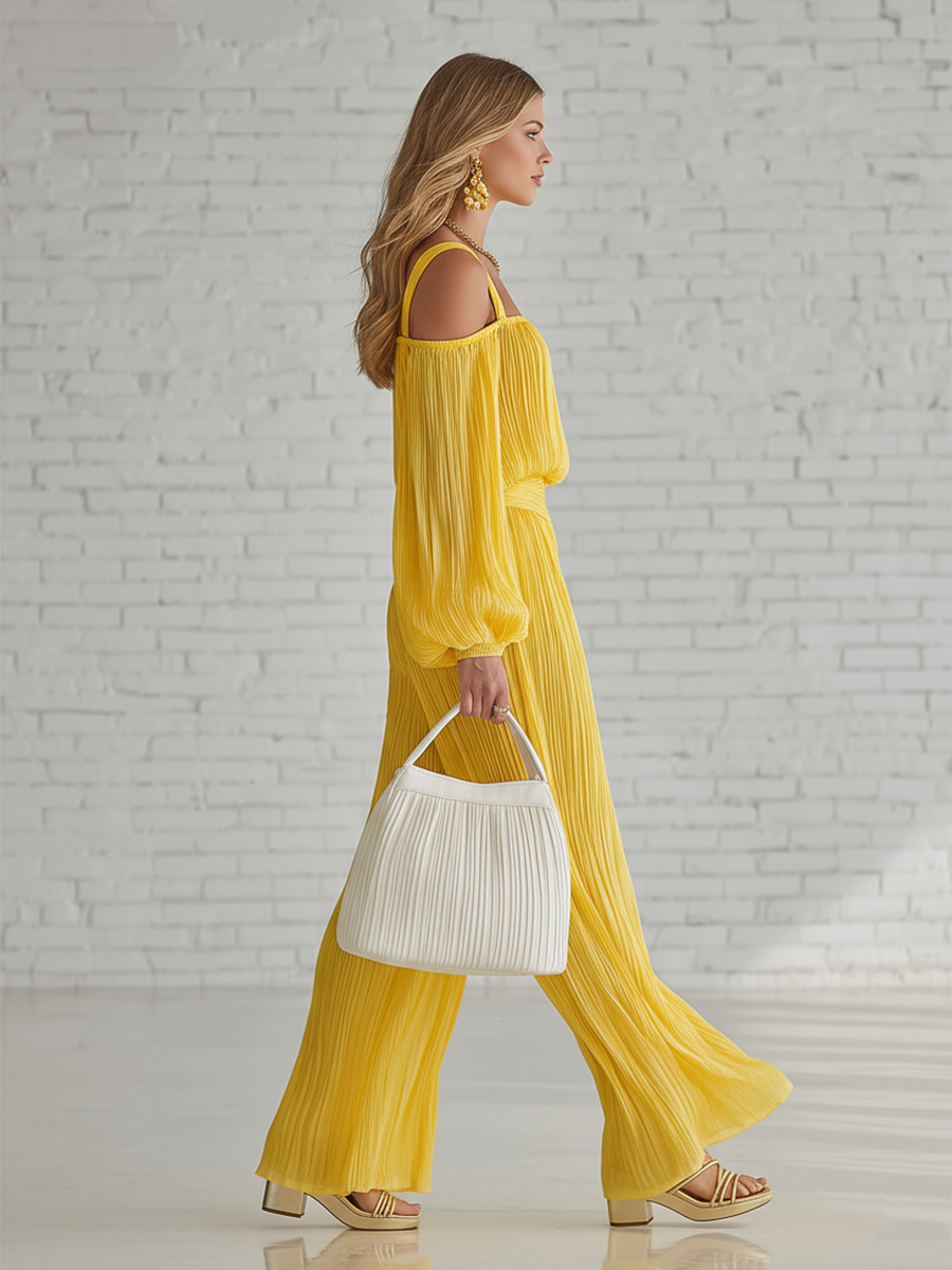 Casual Yellow Pleated Off Shoulder Chiffon Top And Wide Leg Pants Set