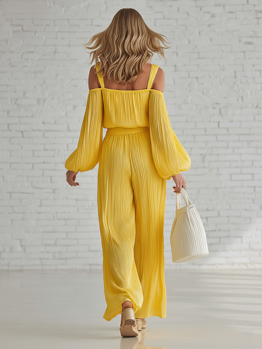 Casual Yellow Pleated Off Shoulder Chiffon Top And Wide Leg Pants Set