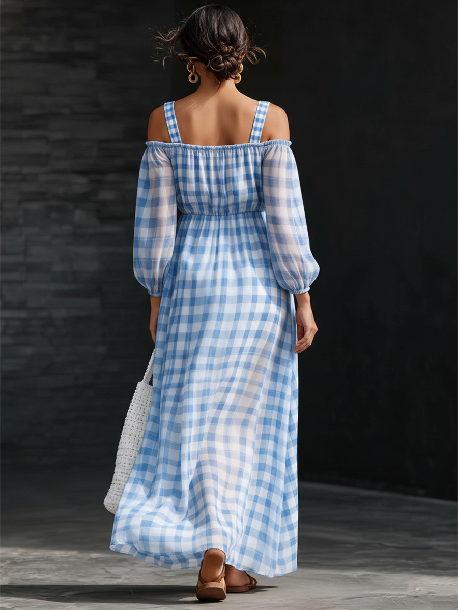 Retro Blue Plaid Chiffon Print Off Shoulder Maxi Dress