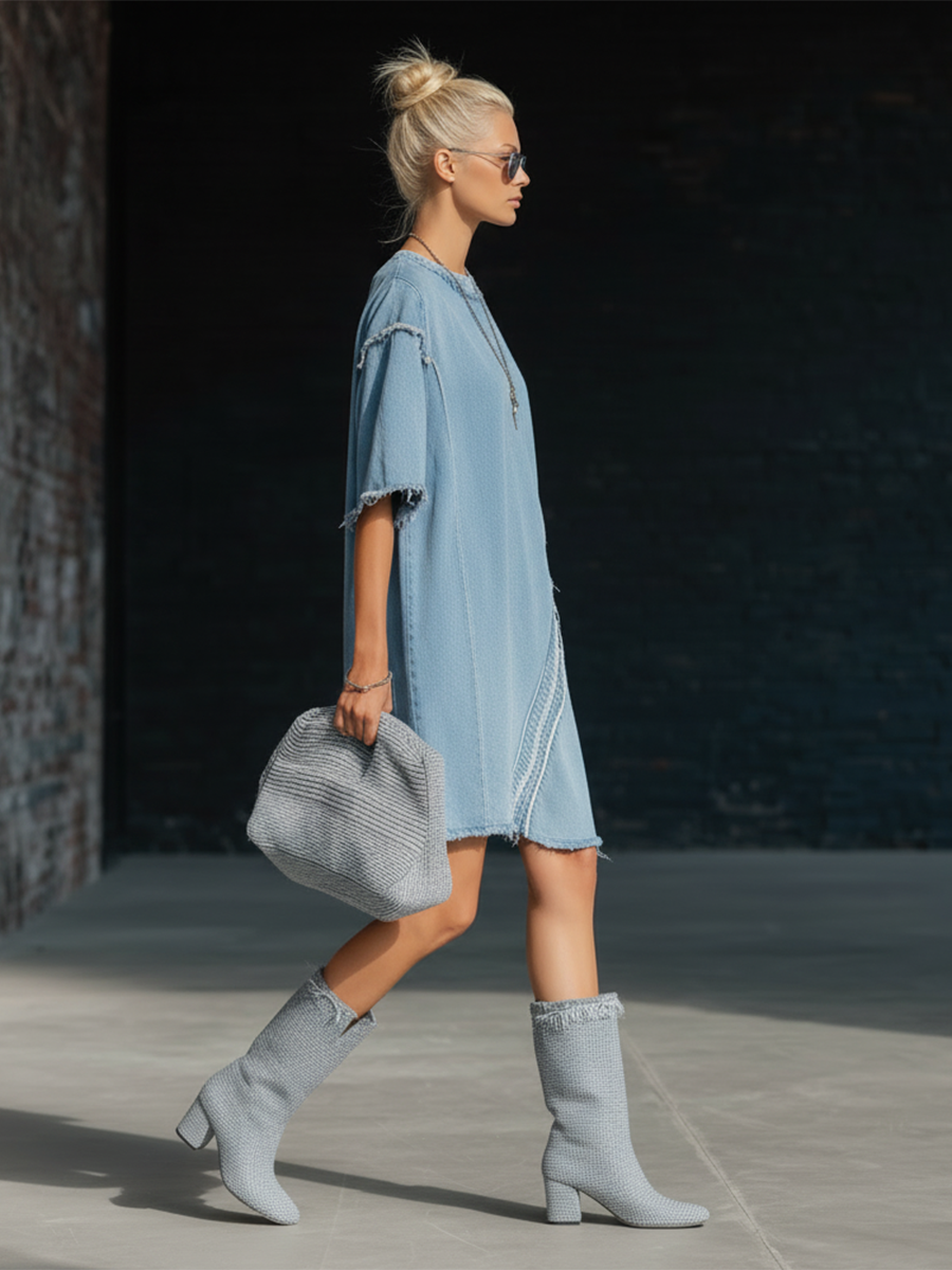 Stylish Simple Loose-fitting Short-sleeved Frayed Edges Diagonal Trim Light Blue Denim Mini Dress