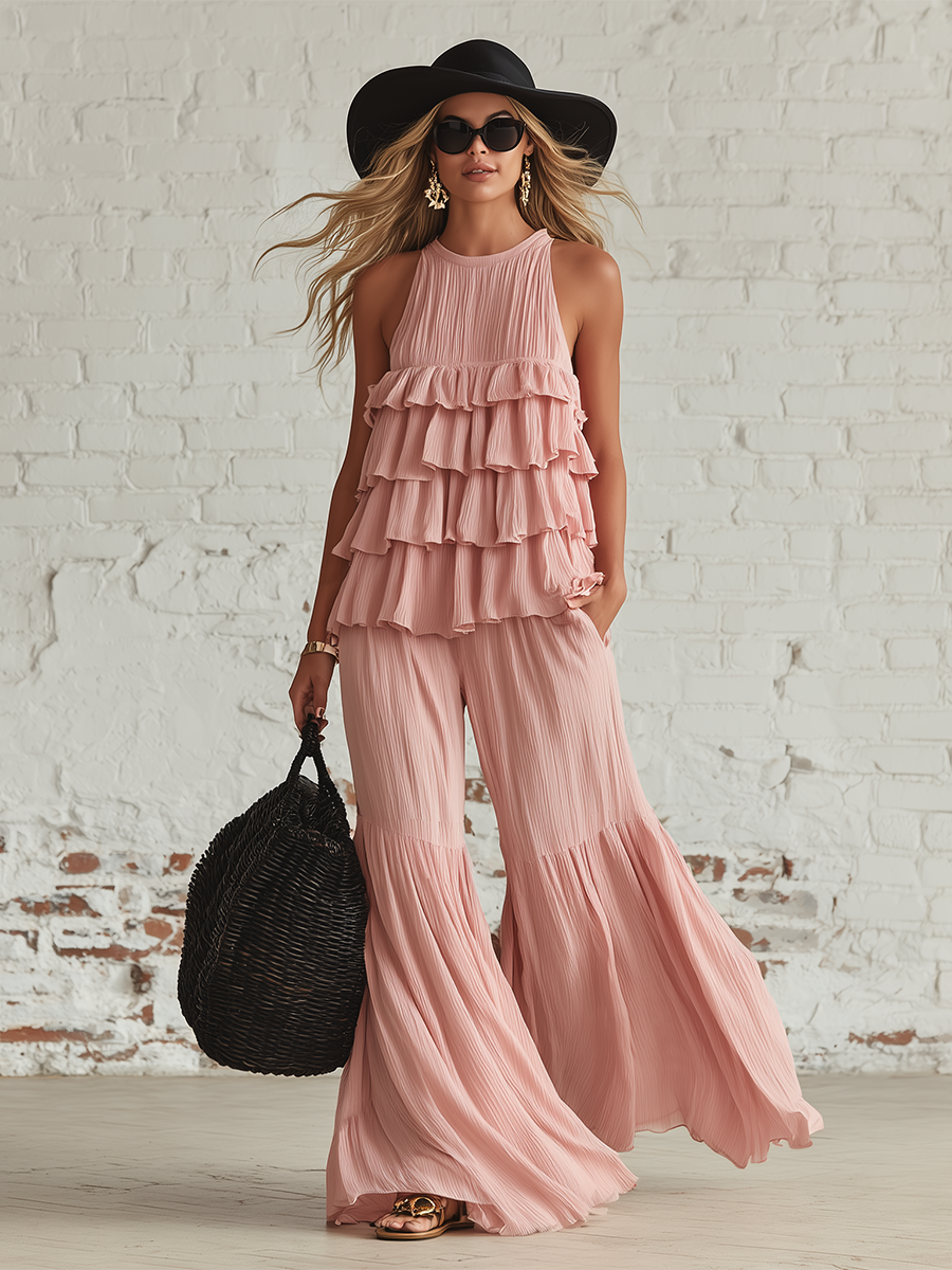 Flowy Pink Chiffon Sleeveless Top With Ruffled Details And Flared Trousers Set