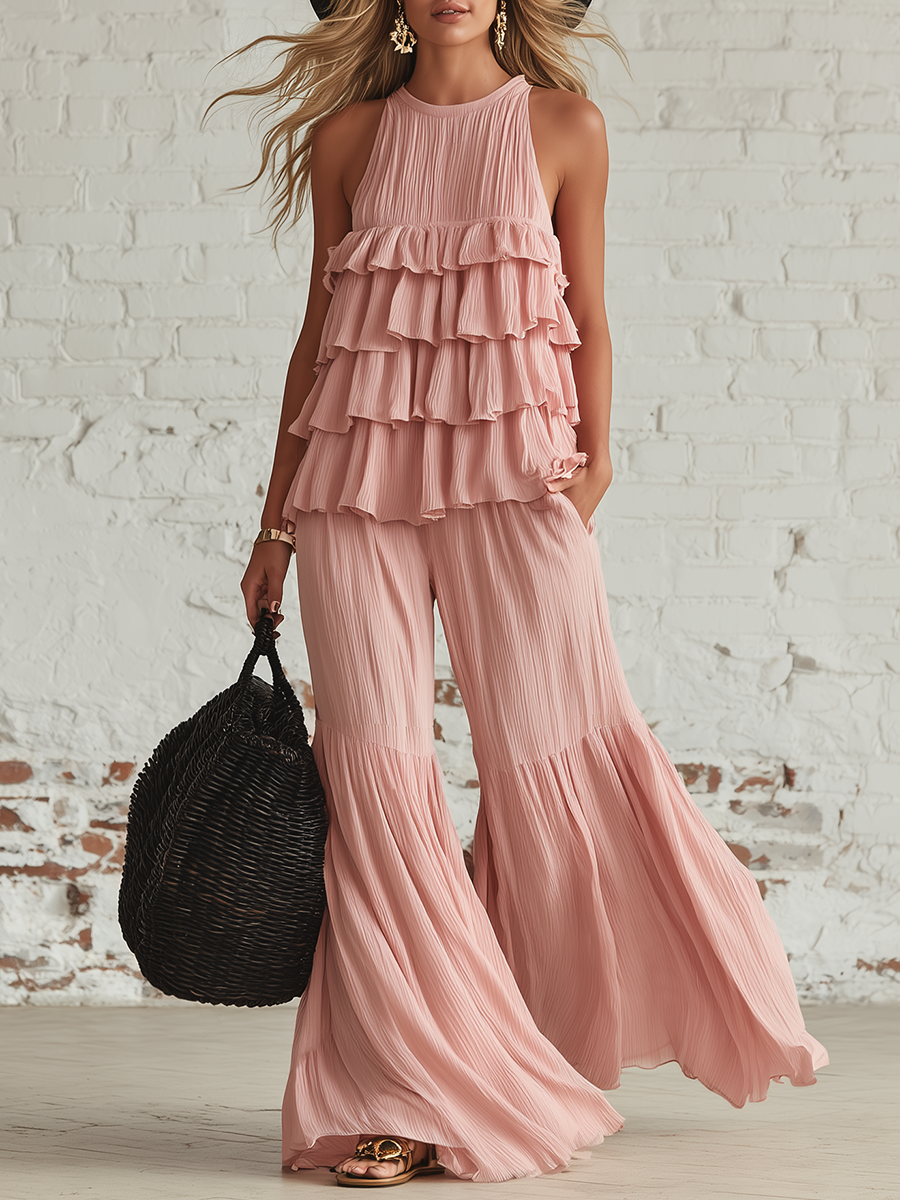 Flowy Pink Chiffon Sleeveless Top With Ruffled Details And Flared Trousers Set