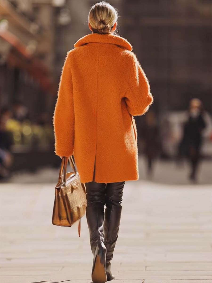 Exquisite And Fashionable Versatile Lapel Front Button Orange Polar Fleece Coat