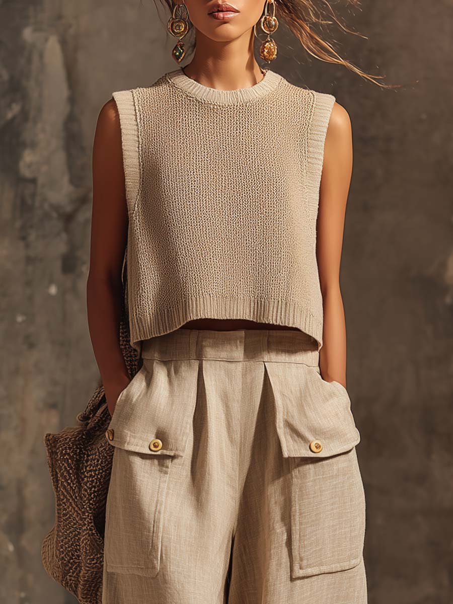 Casual Breathable Urban Style Beige Knitted Top And Cotton Pants Set
