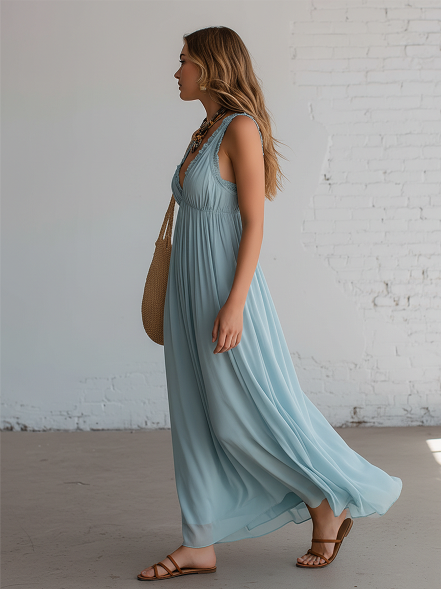 Resort Style Blue Chiffon V-neck Pleated Maxi Dress
