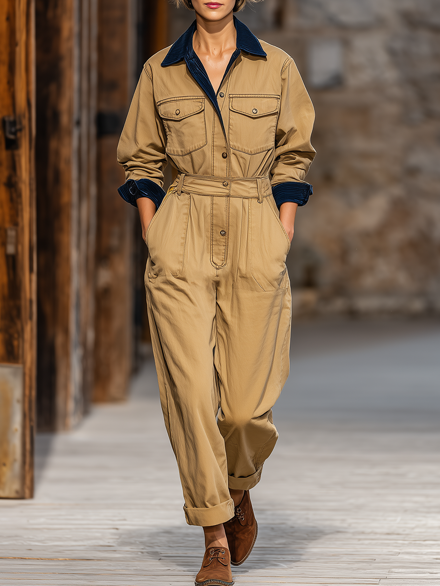 Vintage Street Style Multi-pocket Workwear Jumpsuit