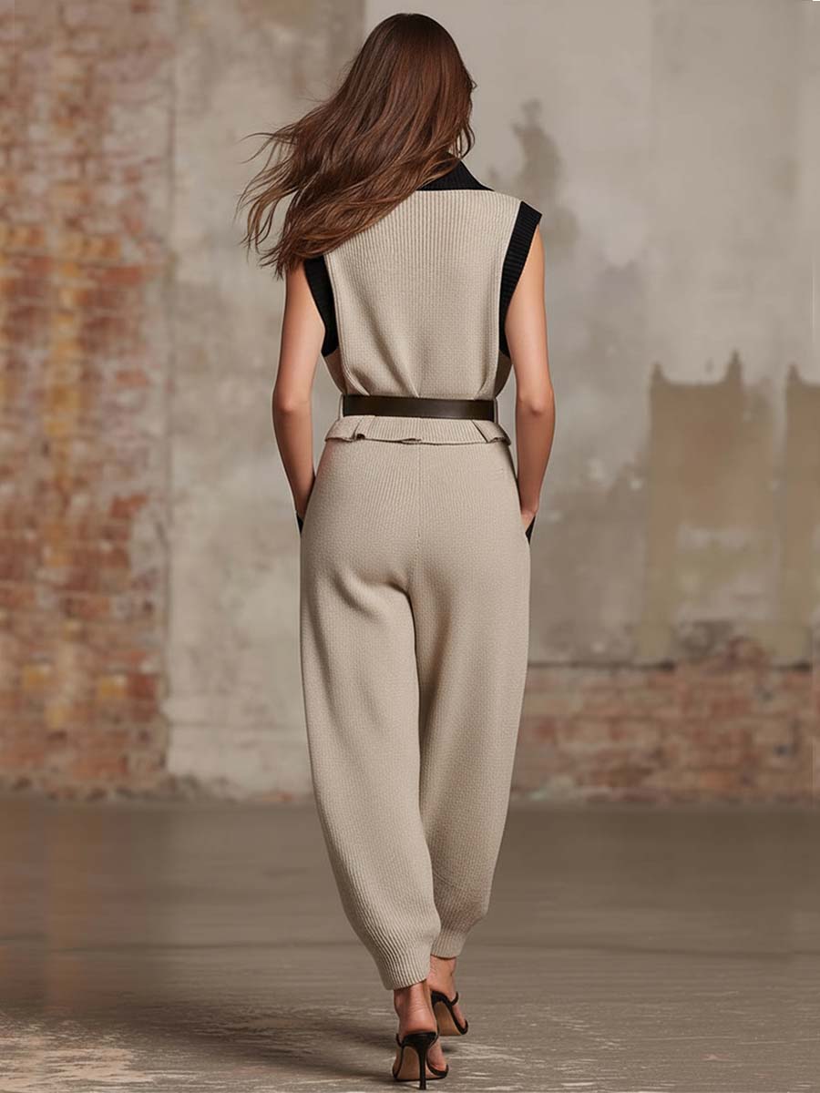Casual Urban Black Trim Beige Knitted V-neck Sleeveless Top And Pants Set