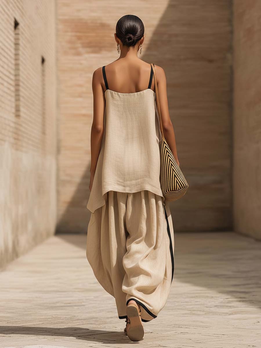 Elegant And Casual Urban Style Beige Cotton Camisole And Extra-wide Leg Pants Set