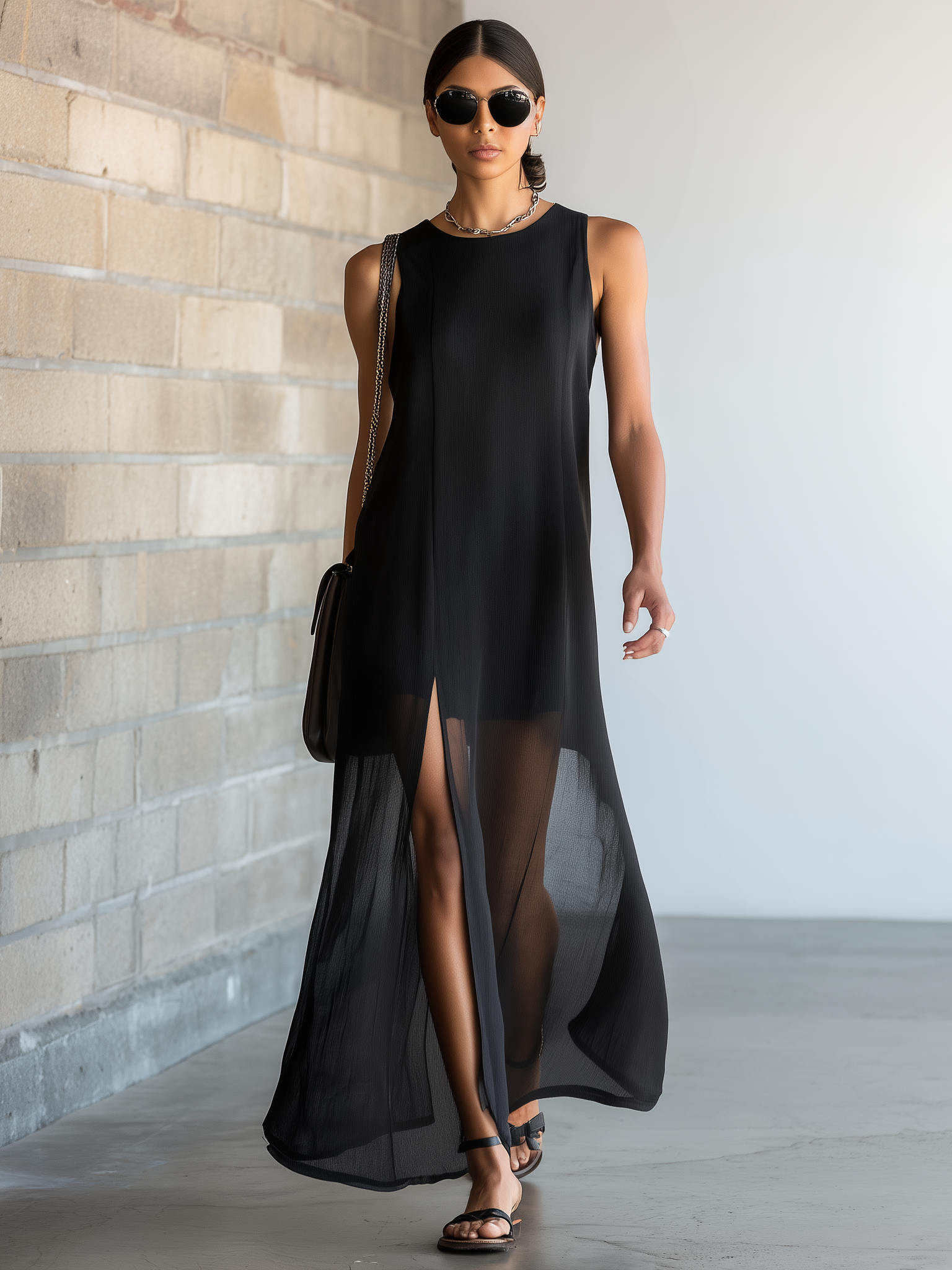 Stylish Simple Sleeveless Round-Neck Chiffon Paneling Front Slit Black Cotton Maxi Dress