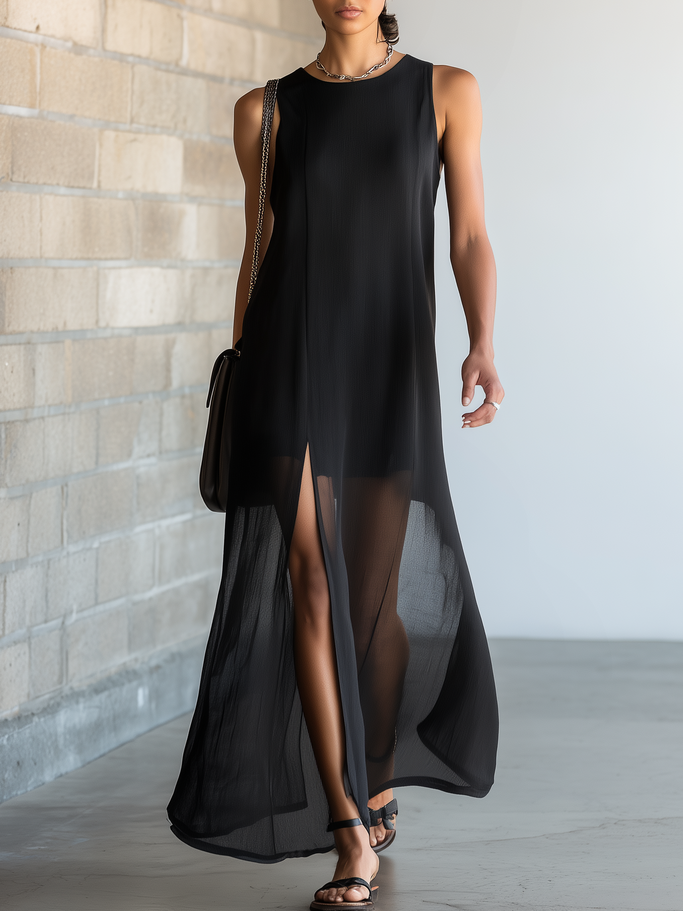 Stylish Simple Sleeveless Round-Neck Chiffon Paneling Front Slit Black Cotton Maxi Dress