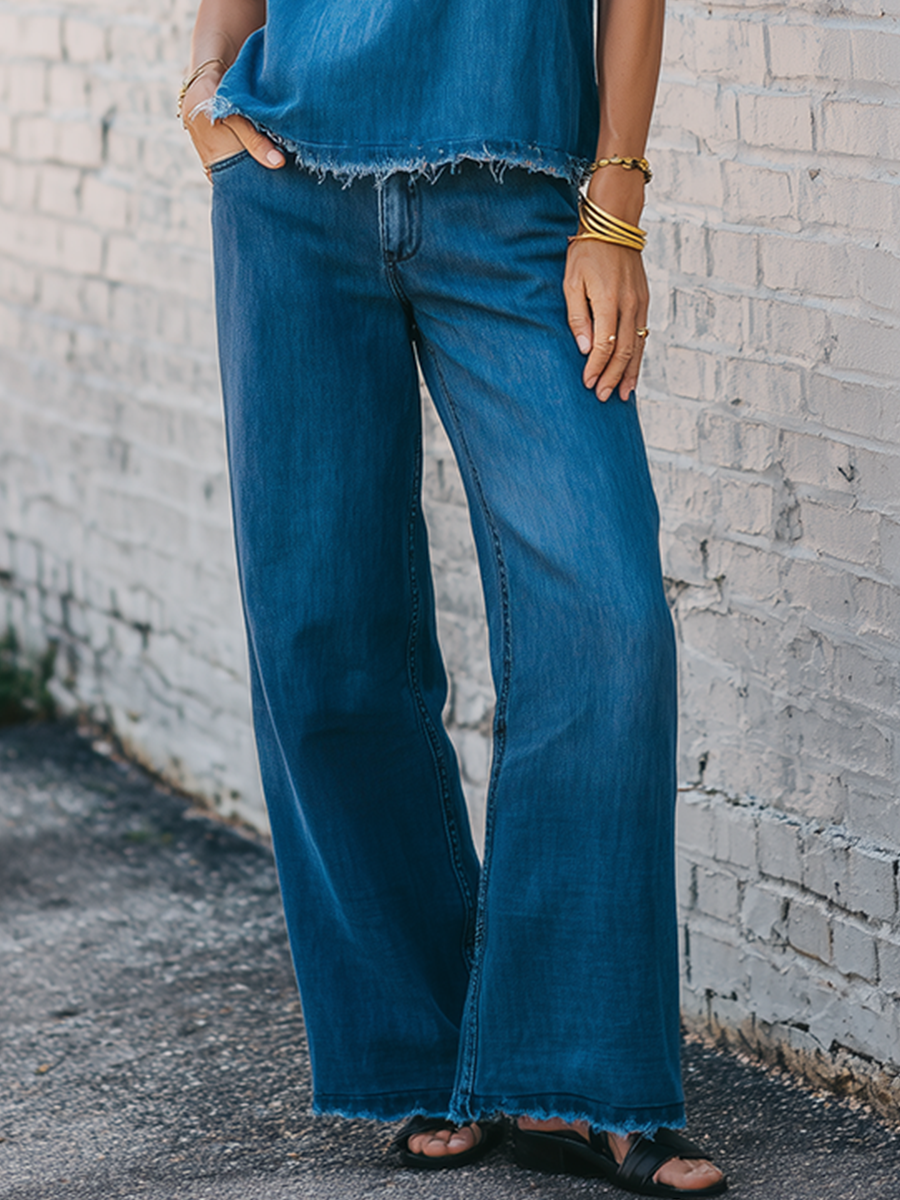 Retro Blue Denim V-Neck Sleeveless Top And Wide Leg Pants Set
