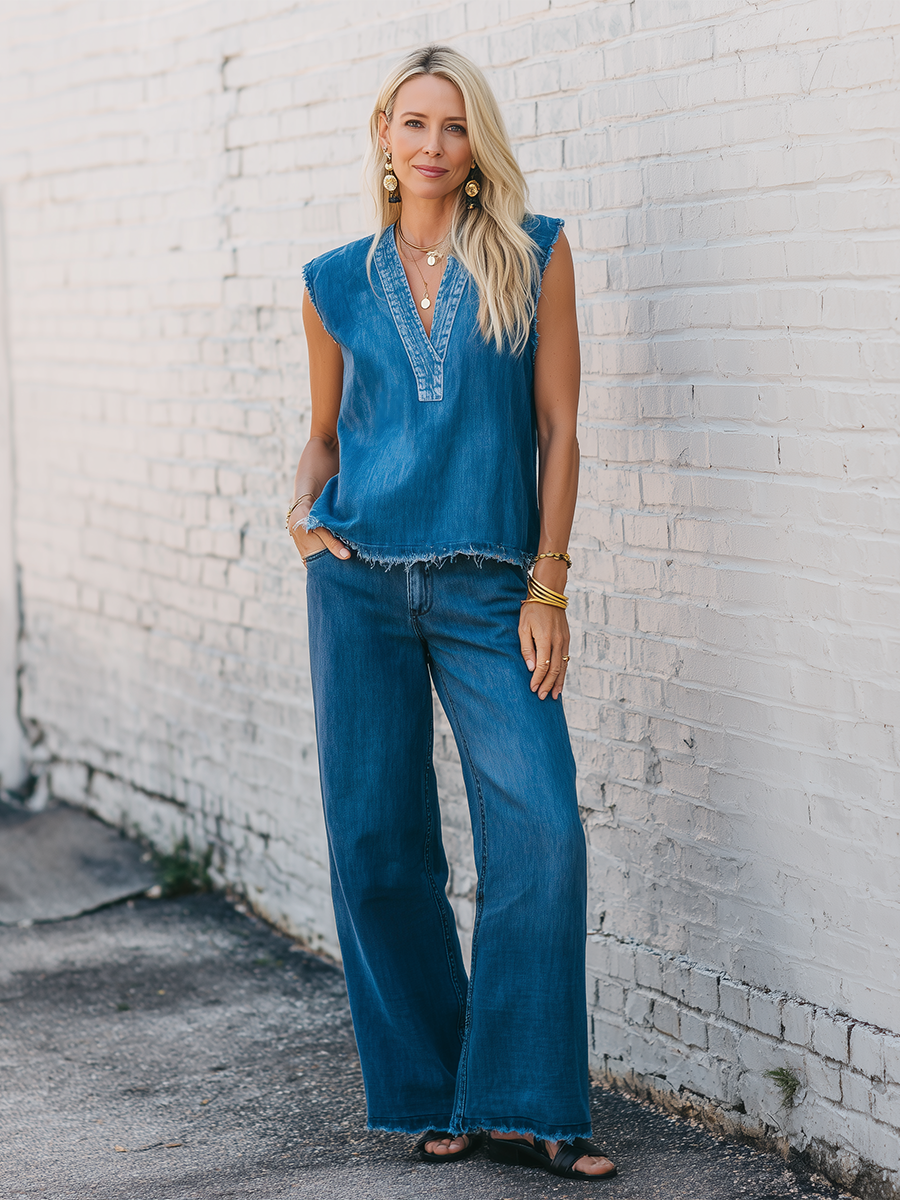 Retro Blue Denim V-Neck Sleeveless Top And Wide Leg Pants Set