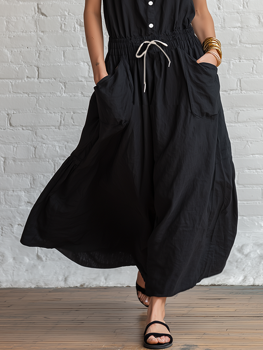 Urban Black Cotton Linen Sleeveless With Elastic Drawstring Waist Maxi Dress