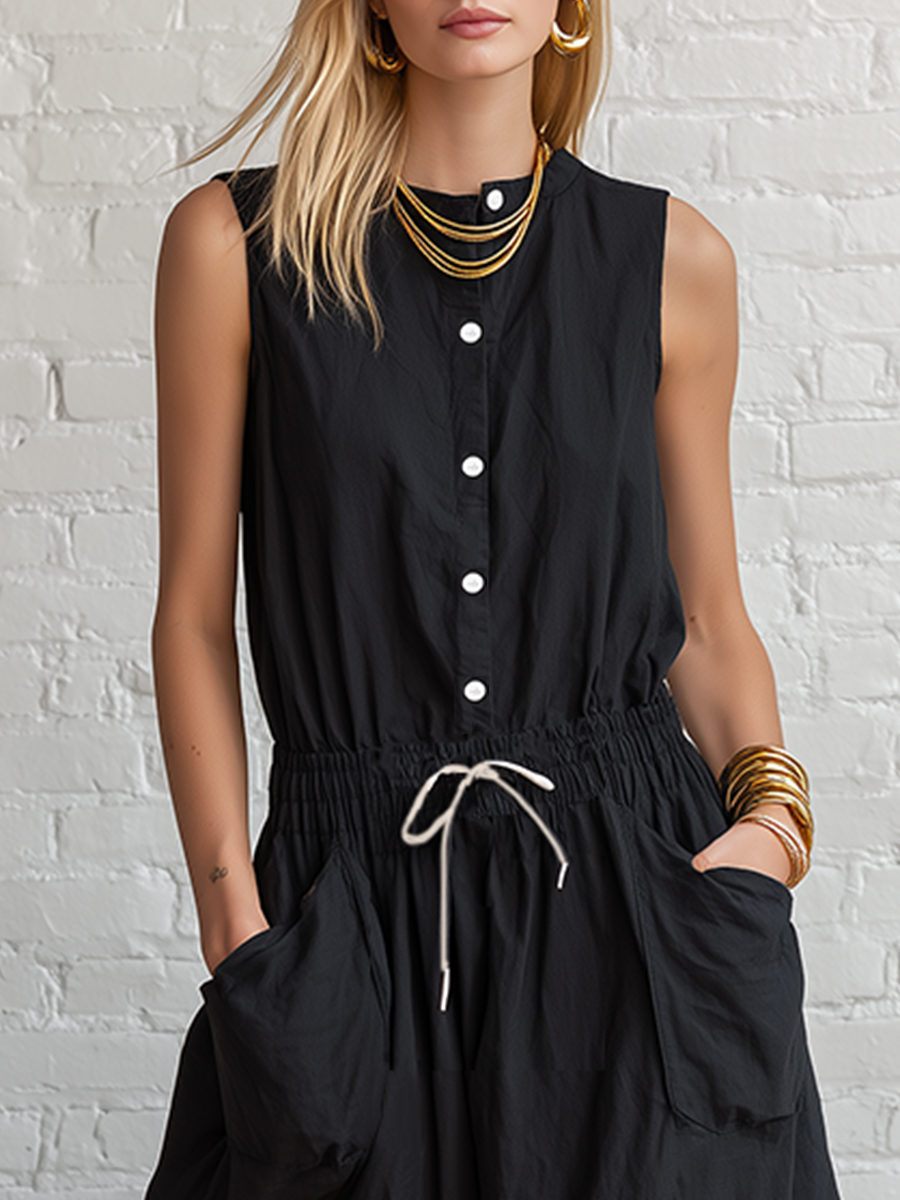 Urban Black Cotton Linen Sleeveless With Elastic Drawstring Waist Maxi Dress