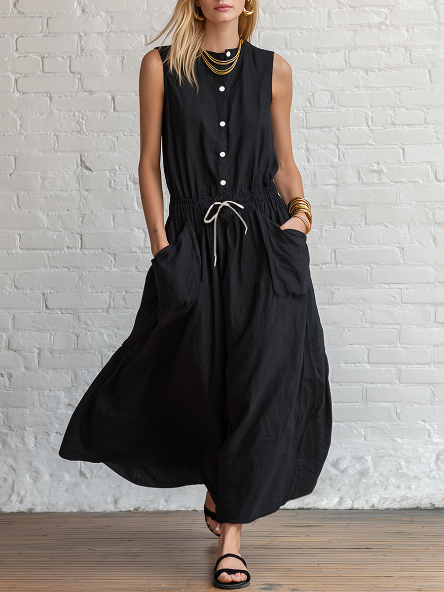 Urban Black Cotton Linen Sleeveless With Elastic Drawstring Waist Maxi Dress