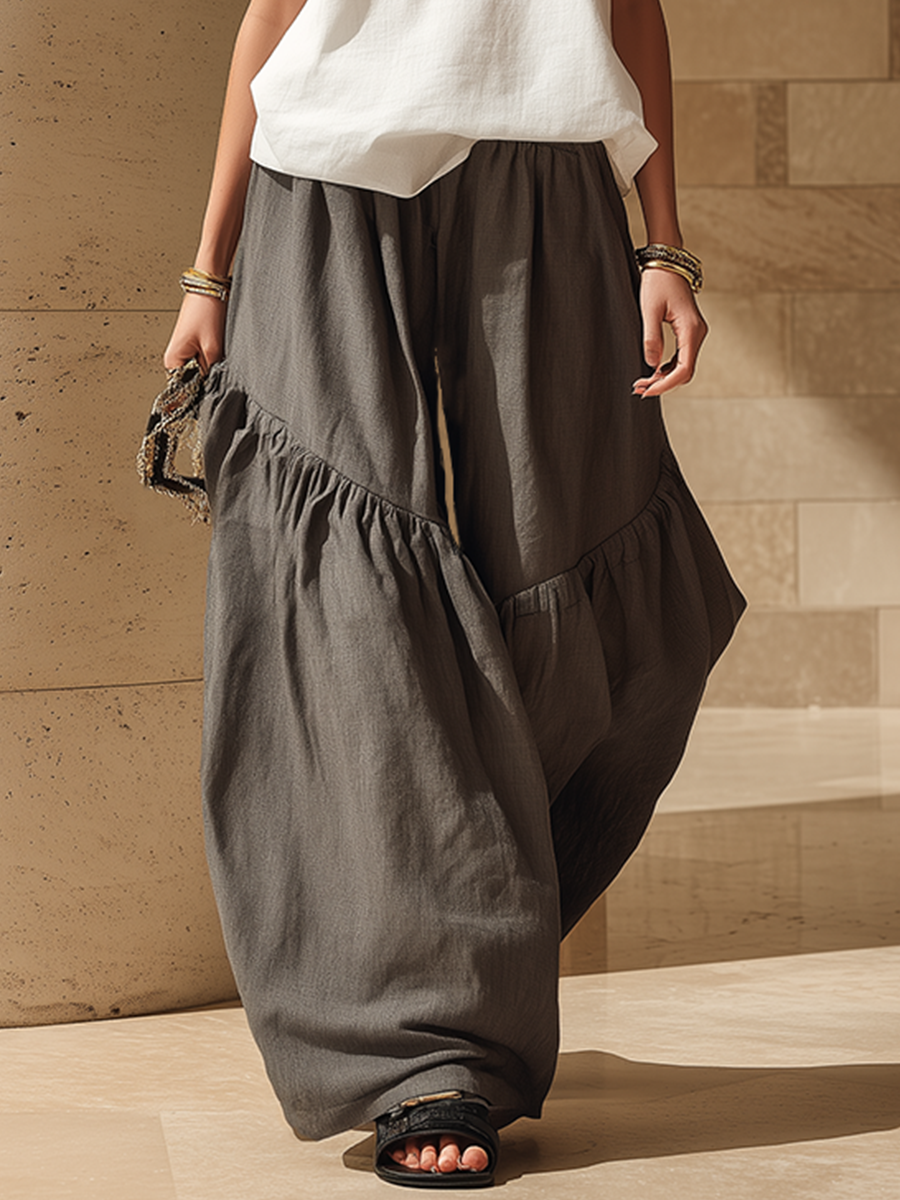 Casual White Sleeveless Cotton Linen Top And Grey Wide Leg Pants Set