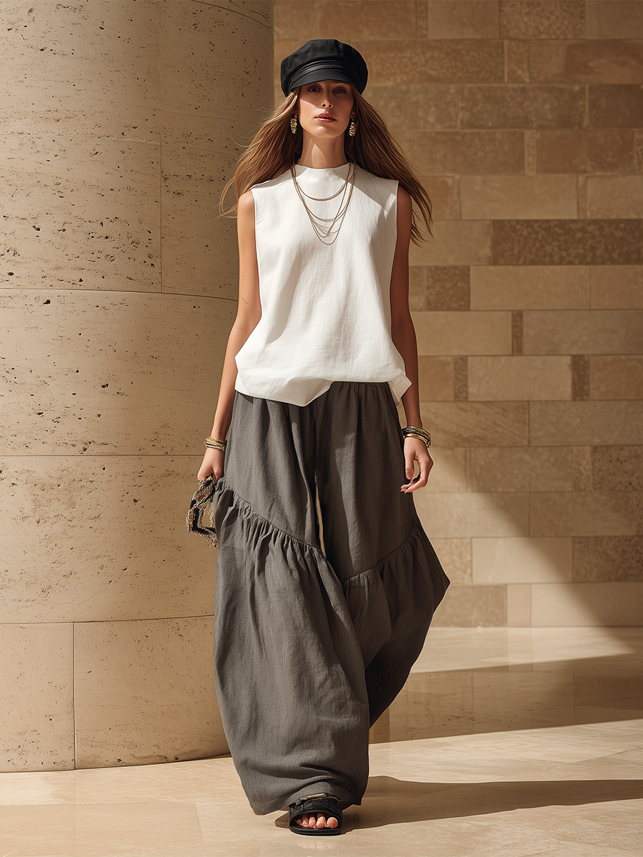 Casual White Sleeveless Cotton Linen Top And Grey Wide Leg Pants Set