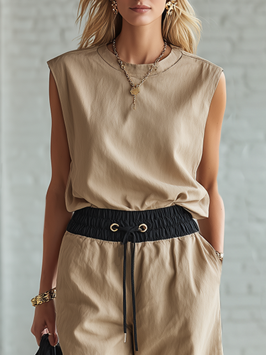 Casual Beige Cotton Linen Sleeveless Top And Elastic Waist Wide Leg Pants Set
