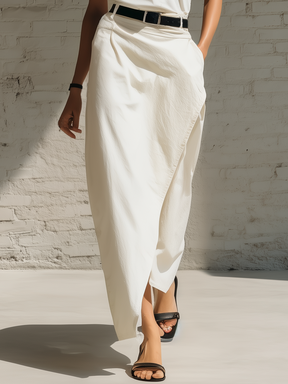 Stylish Minimalist Sleeveless One-Shoulder Top And Belted Slit Long Skirt White Cotton Set