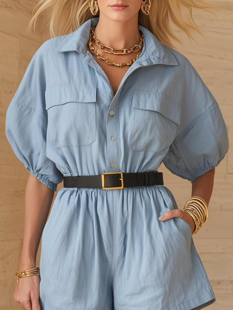 Casual Blue Cotton Linen Short Sleeve Collared Jumpsuit