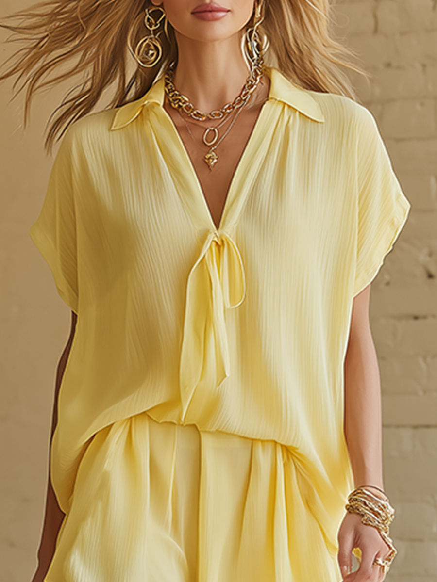 Minimalist Yellow Chiffon Short Sleeve Top And Wide Leg Shorts Set