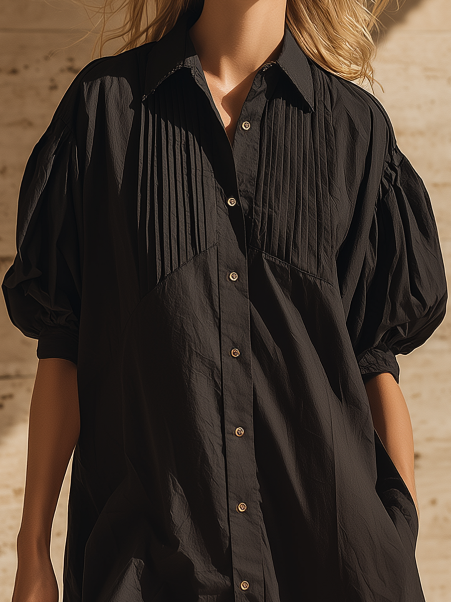 Stylish Simple Short Puff Sleeves Collar Front Button Pleated Black Cotton Mini Dress