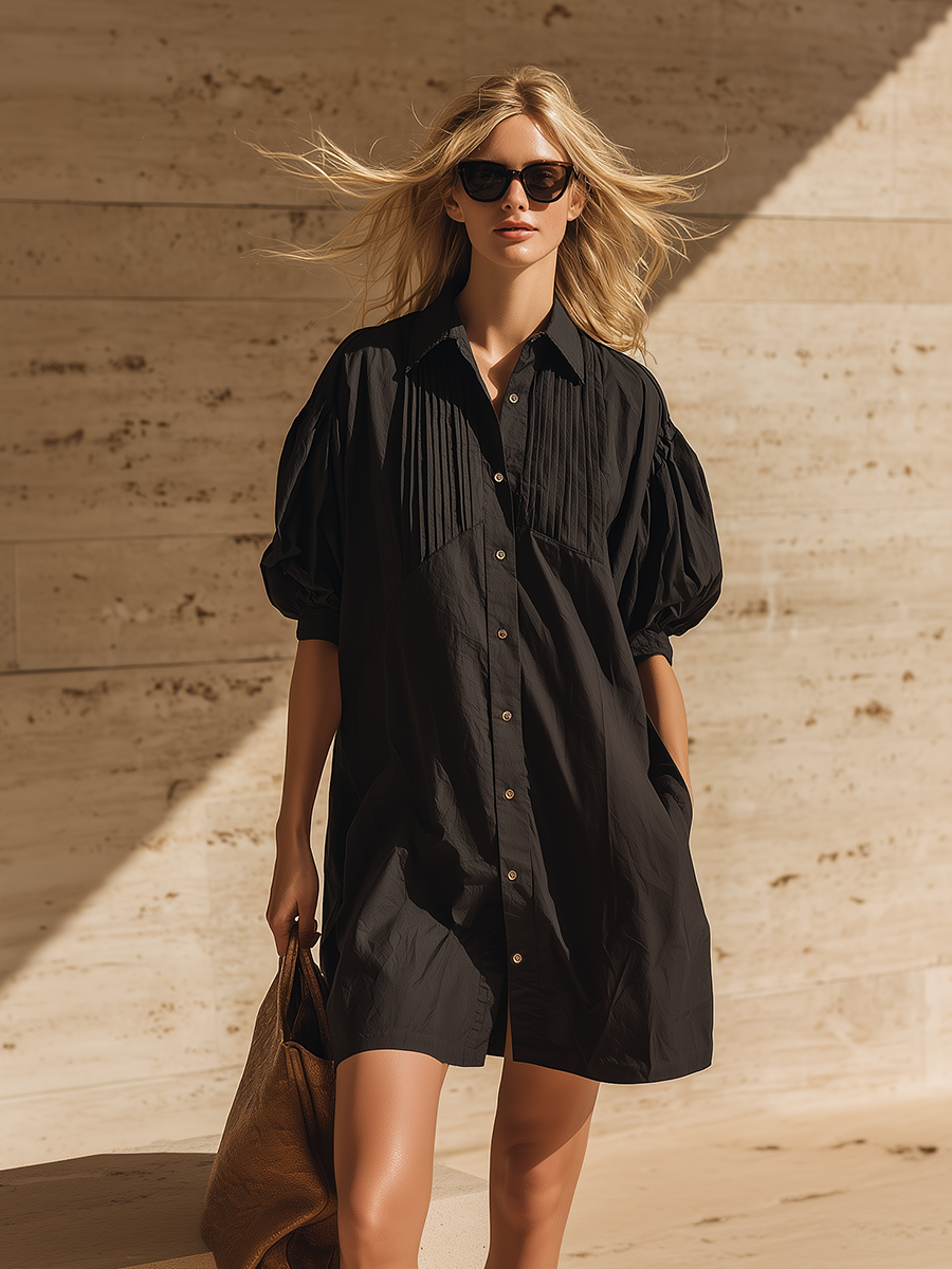 Stylish Simple Short Puff Sleeves Collar Front Button Pleated Black Cotton Mini Dress