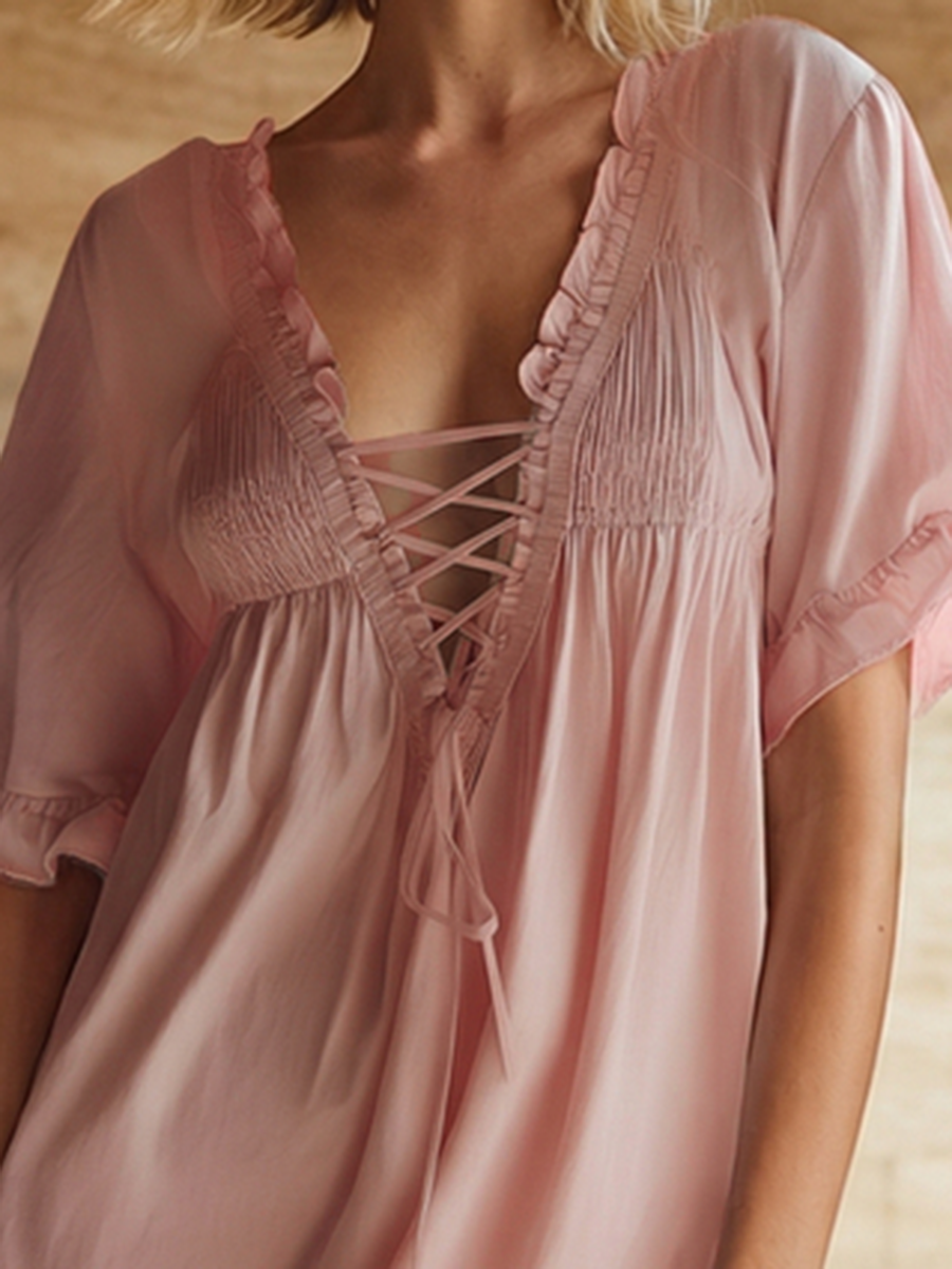 Stylish Simple Short-Sleeve Front Ruching Drawstring Pink Cotton Mini Dress