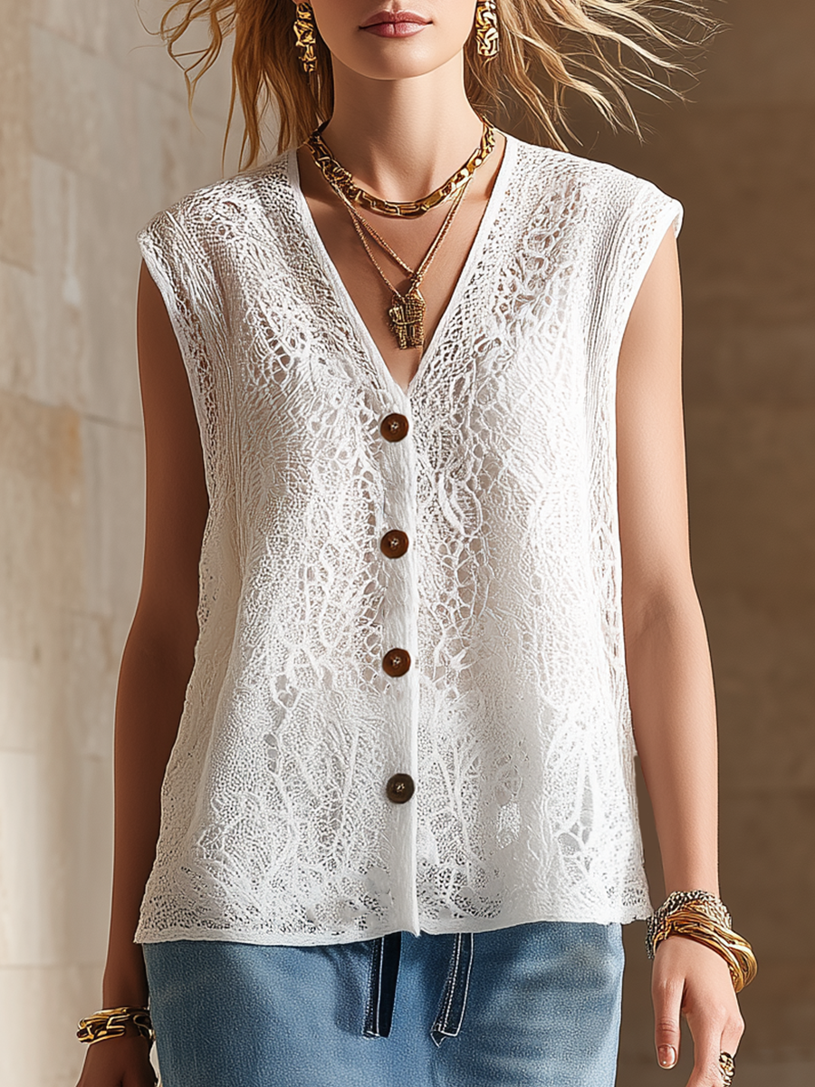 Urban Style White Lace Sleeveless Top And Denim Skirt Set