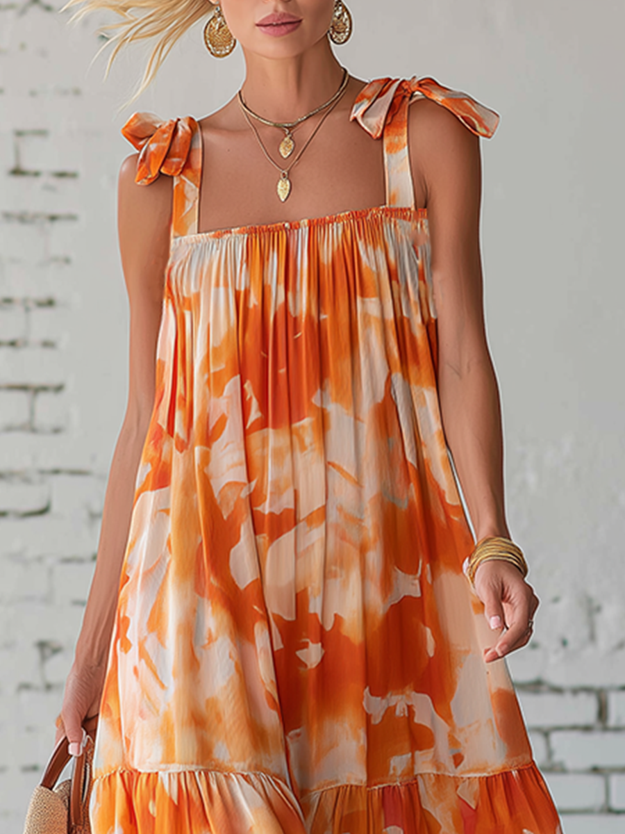 Vacation Style Chiffon Sleeveless With Irregular Orange Print Midi Dress
