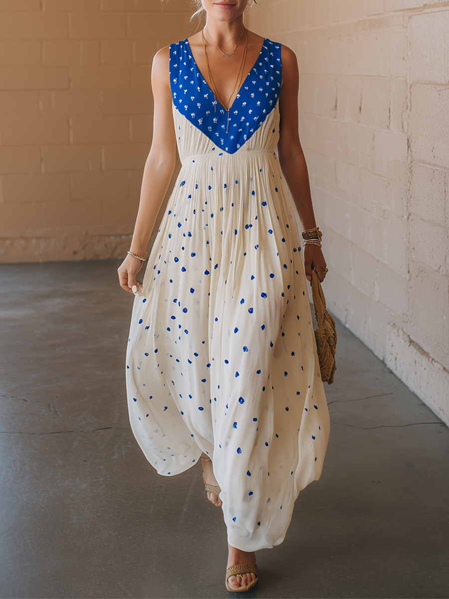 Casual White Chiffon V-Neck Blue Polka Dot Midi Dress
