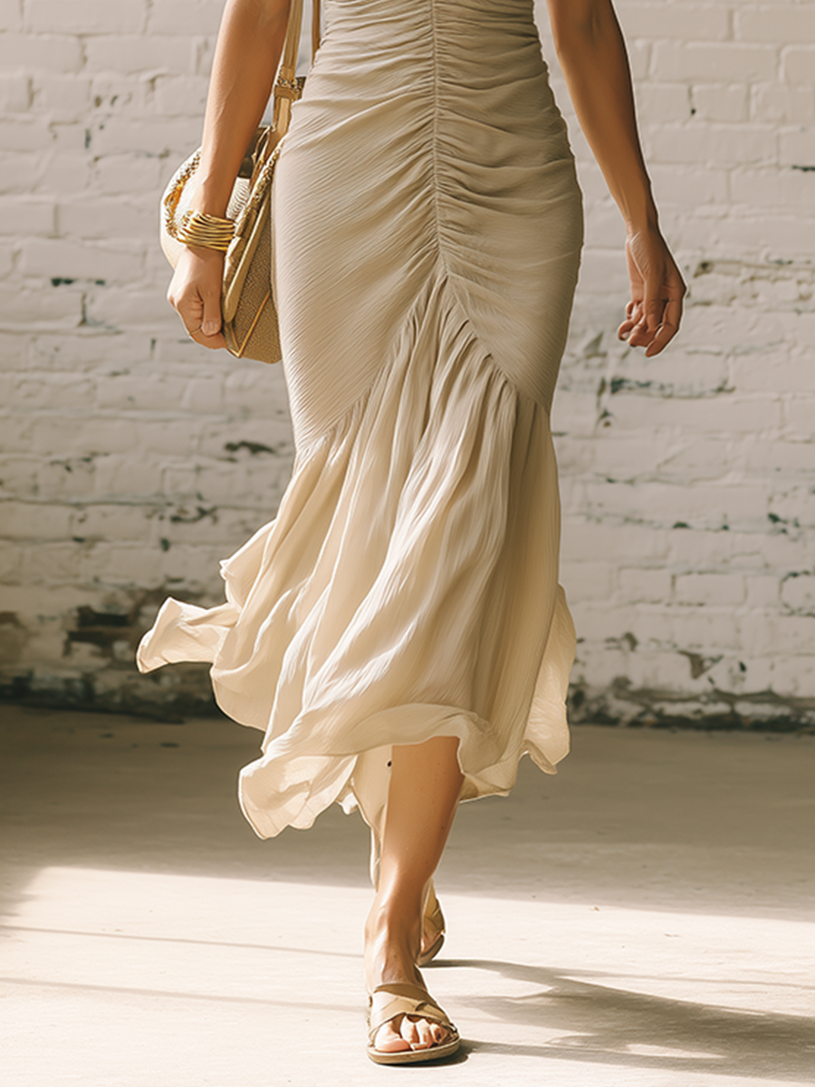 Vacation Style Beige Chiffon Pleated Short Sleeve Fishtail Midi Dress