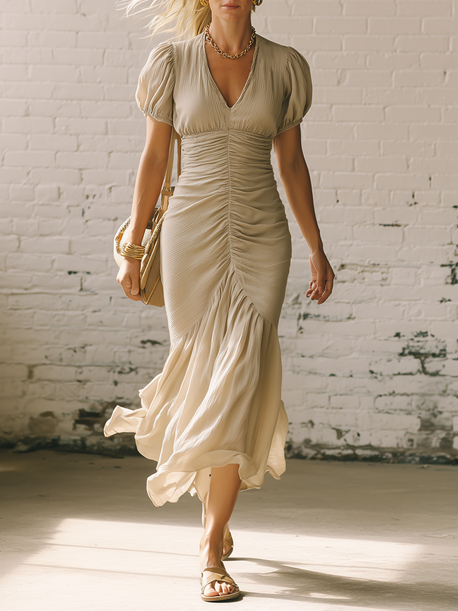 Vacation Style Beige Chiffon Pleated Short Sleeve Fishtail Midi Dress