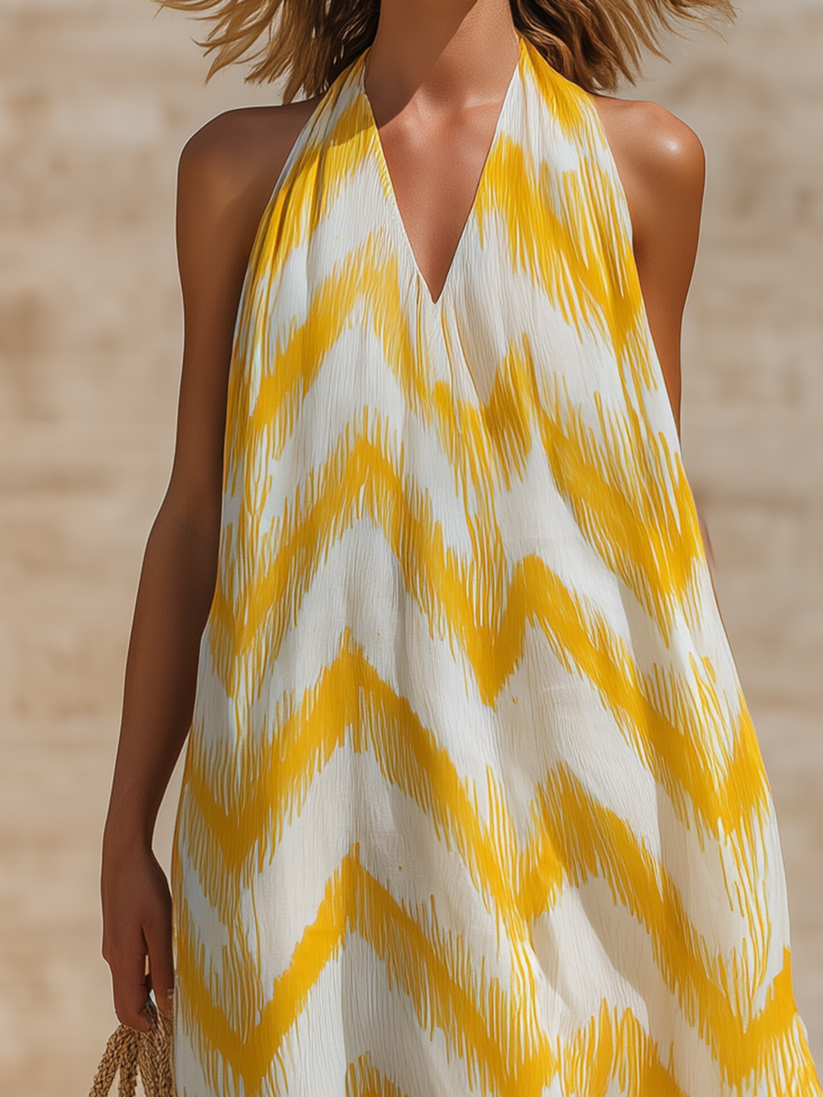 Stylish Simple Sleeveless V-Neck Yellow Herringbone-Print Chiffon Maxi Dress