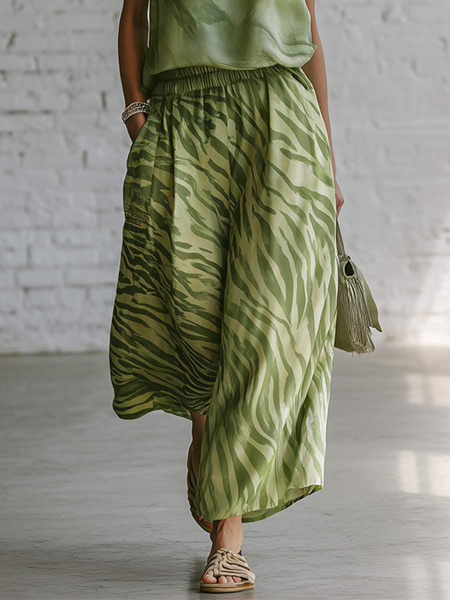 Casual Green Chiffon Sleeveless Top And Green Zebra Print Wide Leg Pants Set
